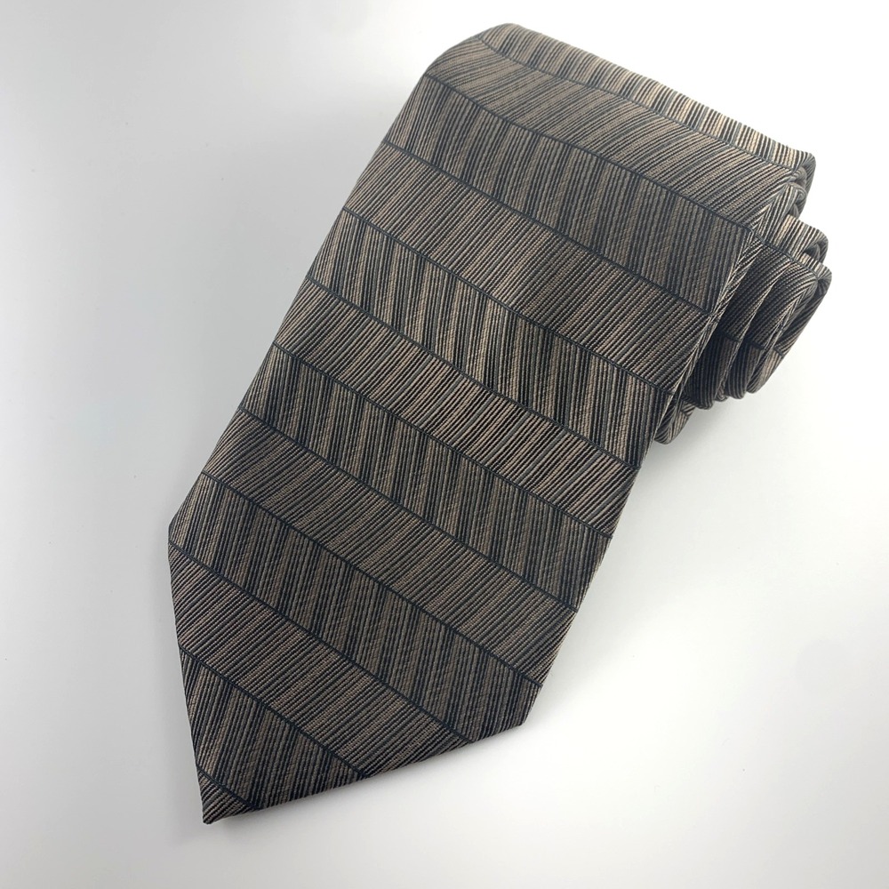 Kenneth‎ Cole New York Mens Tie Black & Taupe Striped 100% Silk Necktie